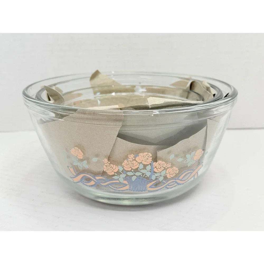 Vintage 1989 Anchor Hocking Rose Basket Nesting Mixing Bowls Set of 3